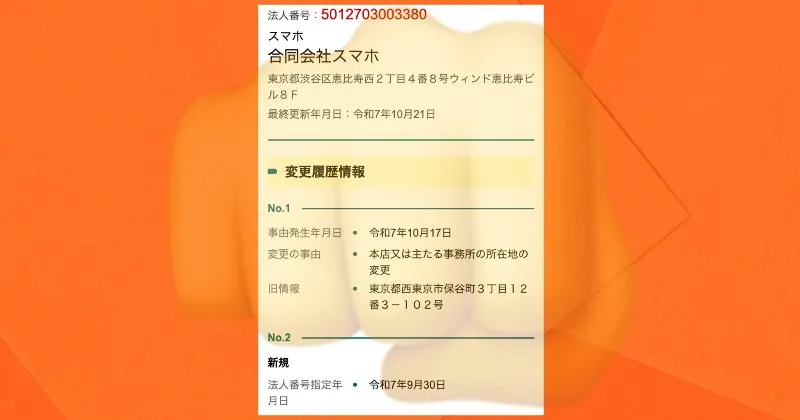 合同会社スマホの会社情報(国税庁のサイトより)